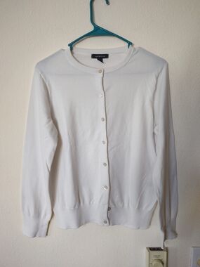 Lands' End White Crewneck Button-Front Sweater